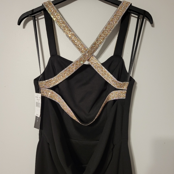 Betsy & Adam Crystal Crossed Straps Black Formal Gown with Cowl Back - Picture 4 of 11